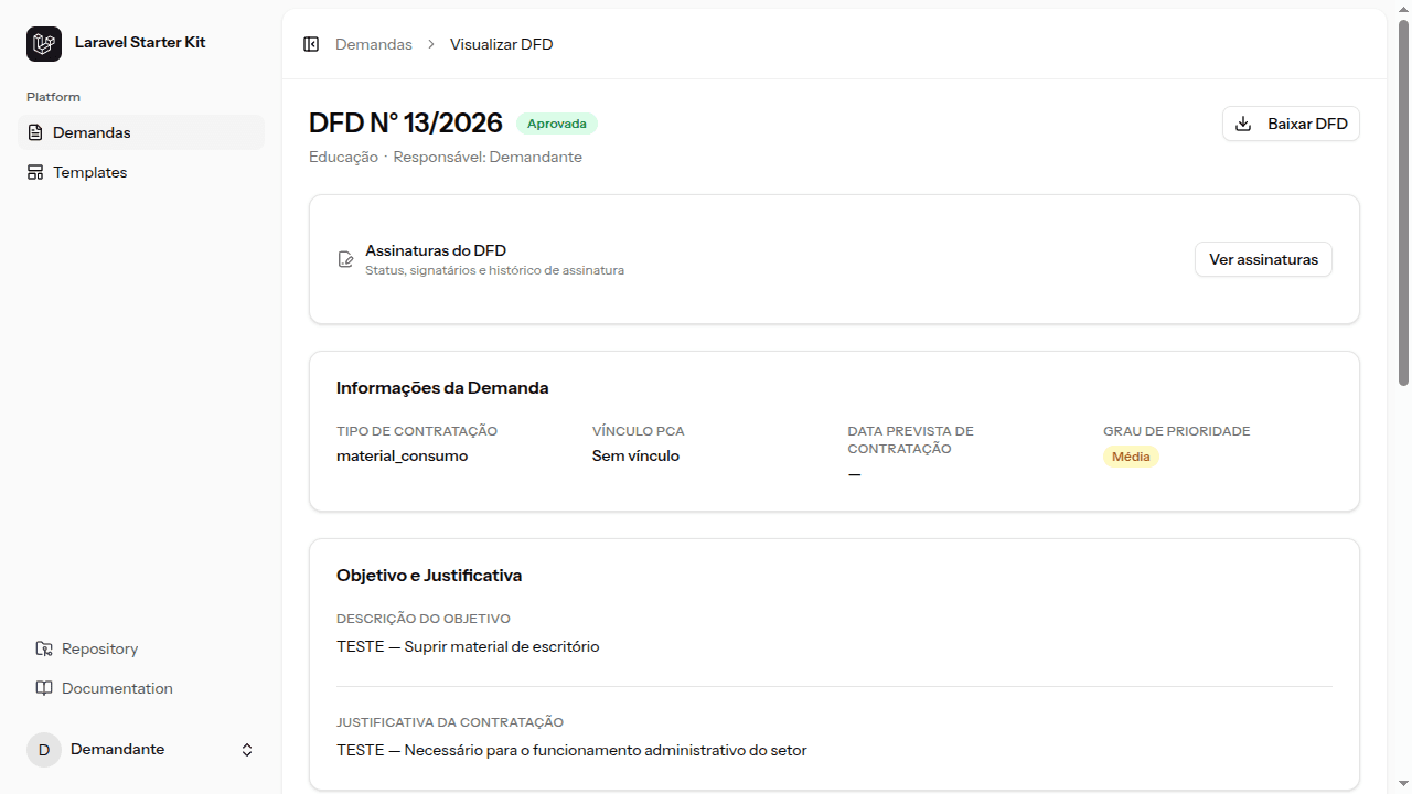 Detalhe de demanda (DFD) aprovada com histórico no AceleraGov